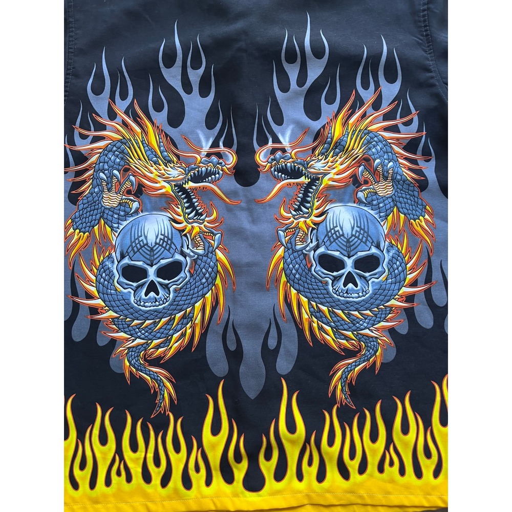 Authentic Shaolin Dragon Skull Flame Shirt Black Y2K Graphic Button Up Large - Picture 6 of 8